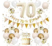 70th Birthday Decorations - Sand, White, Gold; Balloons, Banner, Cake Toppers, Number 70