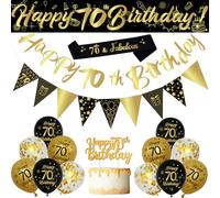 70th Birthday Decorations Set, 18Pcs Black Gold Balloons Kit with Sash, Banners, Triangle Flags, Cake Topper, Black Gold and Sequin Balloons for Men and Women 70th Birthday Party Decorations Supplies