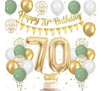 70th Birthday Decorations Set for Men Women, Sage Green Balloons with White and Gold Balloons, Happy Birthday Banner and Cake Topper, 70 Balloon, Cake Decoration for 70th Birthday Party Decorations