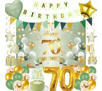 70th Birthday Decorations Women Men - 32 Pcs Sage Green Gold Banner Pennant Backdrop Hanging Swirls Number Balloons Cake Topper Table Decor For Her Him Cheers To 70 Year Old Party Supplies