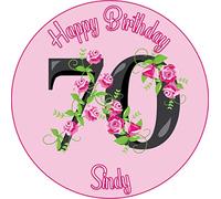 70th Birthday Flowers with Pink Background Round Circle Cake Edible Icing or Wafer Topper 7.5 inch Personalised (Icing)