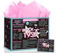 70th Birthday Gift Bag “Back in 1956” - 50s Party Graffiti Style Gift Set with Pink Tissue Paper & 70th Birthday Card - Durable, Reusable Keepsake Bag for Men & Women, Retro 50s Milestone Celebration