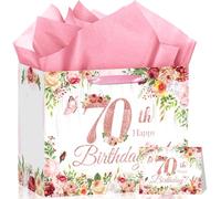 70th Birthday Gift Bag Flower Birthday Decorations for Women Her Rose Gold 70th Gift Wrapping Paper Bag for Cheers to Seventy Years Old Party Favors Supplies