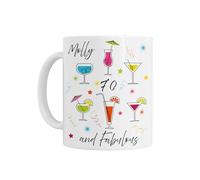 70th Birthday Gift for Her - Personalised 70th Birthday Mug, 70 and Fabulous Cocktail Design, White Ceramic