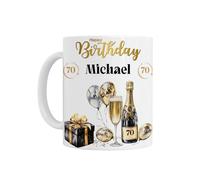 70th Birthday Gift for Him Her - Personalised 70th Birthday Mug with Age 70 Gold & Black Champagne and Balloons Design, White Ceramic
