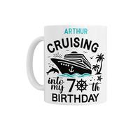 70th Birthday Gift - Personalised Cruising into My 70th Birthday White Ceramic Coffee Tea Mug with Cruise Ship Design
