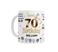 70th Birthday Gift - Personalised Happy 70th Birthday Ceramic Mug with Gold and Black Age 70 Design with Funny Quotes and Balloons