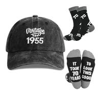 70th Birthday Gifts for Men Women, 1 Washed Cotton Baseball Cap and 1 Pair of Calf Socks Set Present for Husband Dad Brother Friends Black
