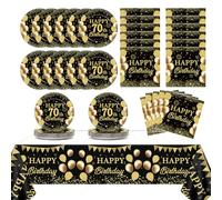 70th Birthday Party Tableware set Serve 24 Black and Gold 70 Years Old Party Paper Plates Napkins Tablecloth set Cheers to 70 Birthday Decorations for Men Women Retirement Anniversary supplies