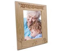 70th Birthday Photo Frame Portrait Wooden Engraved Bunting Style Gift (5 x 7 Inch)