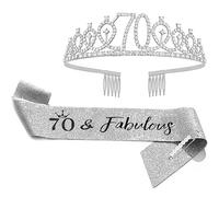 70th Birthday Sash & Rhinestone Tiara Set, 70 Year Old Birthday Gifts for Her Birthday Crown Party Decorations for Women, Rhinestone, Metal, Satin
