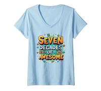 70th Birthday Seven Decades of Awesome for Men V-Neck T-Shirt, Women, Baby Blue, S
