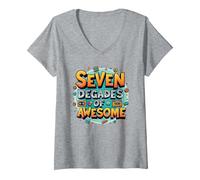 70th Birthday Seven Decades of Awesome for Men V-Neck T-Shirt, Women, Heather Grey, S