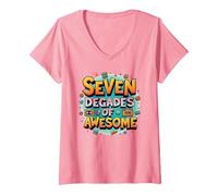 70th Birthday Seven Decades of Awesome for Men V-Neck T-Shirt, Women, Pink, S