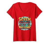 70th Birthday Seven Decades of Awesome for Men V-Neck T-Shirt, Women, Red, S