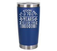 70th Birthday Thermal Metal Coffee Cup Gift for Her or Him - Engraved Dark Blue Stainless Steel Thermal Travel Cup Flask 500ml - Funny Birthday 70 Years to Look This Good Keepsake