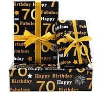 70th Birthday Wrapping Paper 5Pcs,50 * 70cm Black Gold Wrapping Paper for Men Woman Birthday Decorations