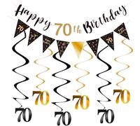 70th Happy Birthday Banner, Black and Gold Birthday Decoration for Women Men, 70th Birthday Party Decor with Birthday Bunting Flag, Triangle Flag, Hanging Swirls for 70th Birthday Party Decoration