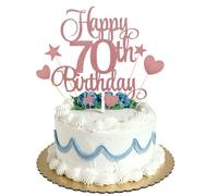 70th Happy Birthday Cake Topper Rose Gold Glitter,Personalised Cake Toppers for Grandfather Grandmother Dad Mom Uncle Birthday Party Cake Decorations Kit with Star Heart Cupcake Topper