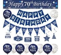 70th Happy Birthday Decorations Blue Silver,70th Birthday Banners for Men, 70th Birthday Party Supplies Banner Bunting Garland Hanging Swirls Triangular Flags Confetti Latex Balloons for Him