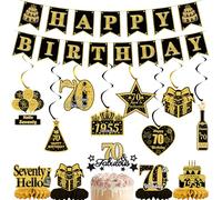 70th Happy Birthday Decorations Set - 21 Pcs Black Gold Happy Birthday Banners, Hanging Swirls, Cake Toppers, Honeycombs Decoration for 70 Years Old Men and Women Personalised Party Decor Supplies