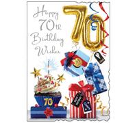 70th Male Birthday Card Age 70 Cupcake and Presents with Silver Foil