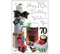 70th Male Birthday Card - Beer Tankard Cupcake and Presents with Silver Foil 9x6.25