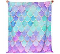70x100 cm Blue Flannel Throw Blanket - Geometric Mermaid Scales Print for Bed Sofa Travel, Super Soft Warm Fuzzy Fluffy Blanket for Adults and Kids
