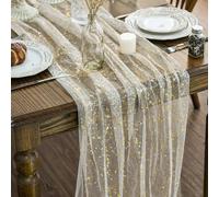 70x300cm Glitter Gauze Table Runner, Sparkling Gold Foil Sheer Cheesecloth Runner for Dining Table Decor, Wedding, Birthday, Christmas, Party and Holiday Decoration (Beige Gold, 1Pc)
