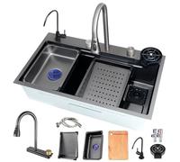 70x50 cm Stainless Steel Single Bowl Kitchen Sink - Workstation with Waterfall Faucet Extendable Tap Drain Accessories Multi-functional for Home Use