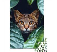 70x50cm/1000pcs 1000 Piece Jigsaw, Wild Cat Peeking Through Green Leaves, Winter Gift