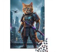 70x50cm/1000pcs, 1000 Piece Paper Puzzle, Cyberpunk Cat Samurai with Drone