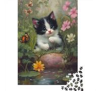 70x50cm/1000pcs, Paper Puzzle, 1000 Pieces, Cute Kitten in A Garden with Butterflies