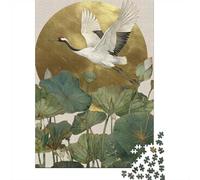 70x50cm/1000pcs, Picture Puzzle, 1000 Pieces, Crane Flying over Lotus Pond
