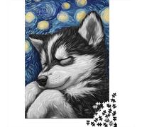 70x50cm/1000pcs, Picture Puzzle, 1000 Pieces, Sleeping Husky Night
