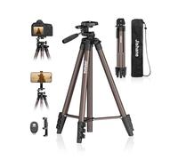 71" Aluminum Camera & Cell Phone Tripod Stand with Wireless Remote, Phone Holder & Carry Bag, Lightweight Portable Travel Tripod for Smartphones/Canon Nikon Cameras, Max Load 6.6 lb (Brown)