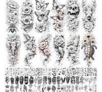 71 Sheets Rose Peony Flower Temporary Tattoos For Women Girls Adults, Black Florals Half Arm Sleeve Realistic Temp Bulk Fake Tattoo Stickers Butterfly Ship Bee Carp Turtle Elephant Whale Spider Skull