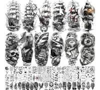 71 Sheets Sailing Ship Temporary Tattoos For Men Adults Forearm, Half Arm Sleeve Tattoos For Women Pirate Compass Anchor Faith Belief Family, Realistic Fake Tattoo Stickers Sea Wave Skull Shark