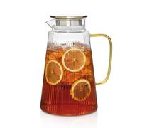 71oz Ribbed Glass Pitcher with Yellow Handle - Heat Resistant Carafe with Lid for Hot & Cold Beverages, Iced Tea, Juice, Coffee - Borosilicate Water Jug for Kitchen or Tabletop Use