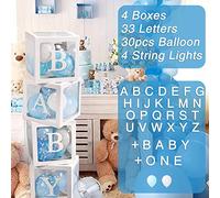 71Pcs Baby Shower Balloons Boxs set for Boys, 30 Party Balloons (Blue & White), 4 String Lights and 33 Letters(Include BABY+ONE+A-Z), 4 Transparent Balloon Boxes Blocks for Baby Shower Birthday Party