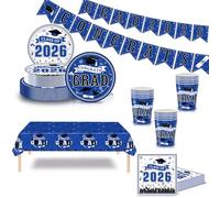 71Pcs Graduation Party Tableware Set for the Class of 2026 -Blue Congrats Grad Banner,Tablecloth,Paper Plates Napkins Cups Dinnerware Set for 2026 Grads Class Party Table Decor Party Supplies