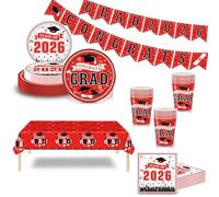 71Pcs Graduation Party Tableware Set for the Class of 2026 -Red Black Congrats Grad Banner,Tablecloth,Paper Plates Napkins Cups Dinnerware Set for 2026 Grads Class Party Table Decor Party Supplies
