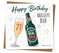 71st Birthday Card for Dad, 71 Flute & Real Ale Bottle | Beer-themed 71st for Dad: champagne flute marked “71”, real ale bottle illustration and “Brilliant Dad” on the front.