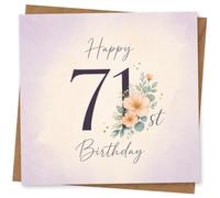 71st Birthday Card for Granddaughter, Peach Flowers | Pretty “Happy 71st Birthday” handwritten script with a large 71, peach blooms, sage leaves and scattered gold dots.