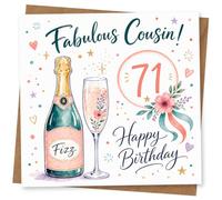 71st Birthday Card for Her, Champagne Flute & Confetti | Mark her 71st with a fizz bottle and floral champagne flute, “Fabulous Cousin!” headline and scattered confetti dots.