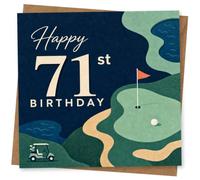 71st Birthday Card for Her, Golf Green, Flag and Buggy | Large “Happy 71st Birthday” lettering on a golf-course scene with putting green, red flag, winding paths, lake and buggy.
