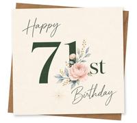 71st Birthday Card for Her, Green Script & Pink Blooms | “Happy 71st Birthday” in dark green script, paired with floral artwork and soft pink blooms for her milestone.