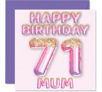 71st Birthday Card for Mum - Pink & Purple Glitter Balloons - Happy Birthday Cards for 71 Year Old Mum Mother from Son Daughter, 145mm Bday Greeting Cards Gift