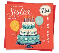 71st Birthday Card for Sister, Cake, Candles & Balloons | Bright coral 71st for Sister featuring “To a Special Sister” wording, a tiered cake with candles, and two balloons.