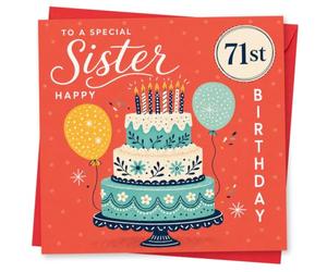 71st Birthday Card for Sister, Cake, Candles & Balloons | Bright coral 71st for Sister featuring “To a Special Sister” wording, a tiered cake with candles, and two balloons.